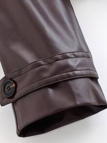 Solid Color Lapel Belt Short Faux Leather Windbreaker, Spring/Autumn - Brown - View 7
