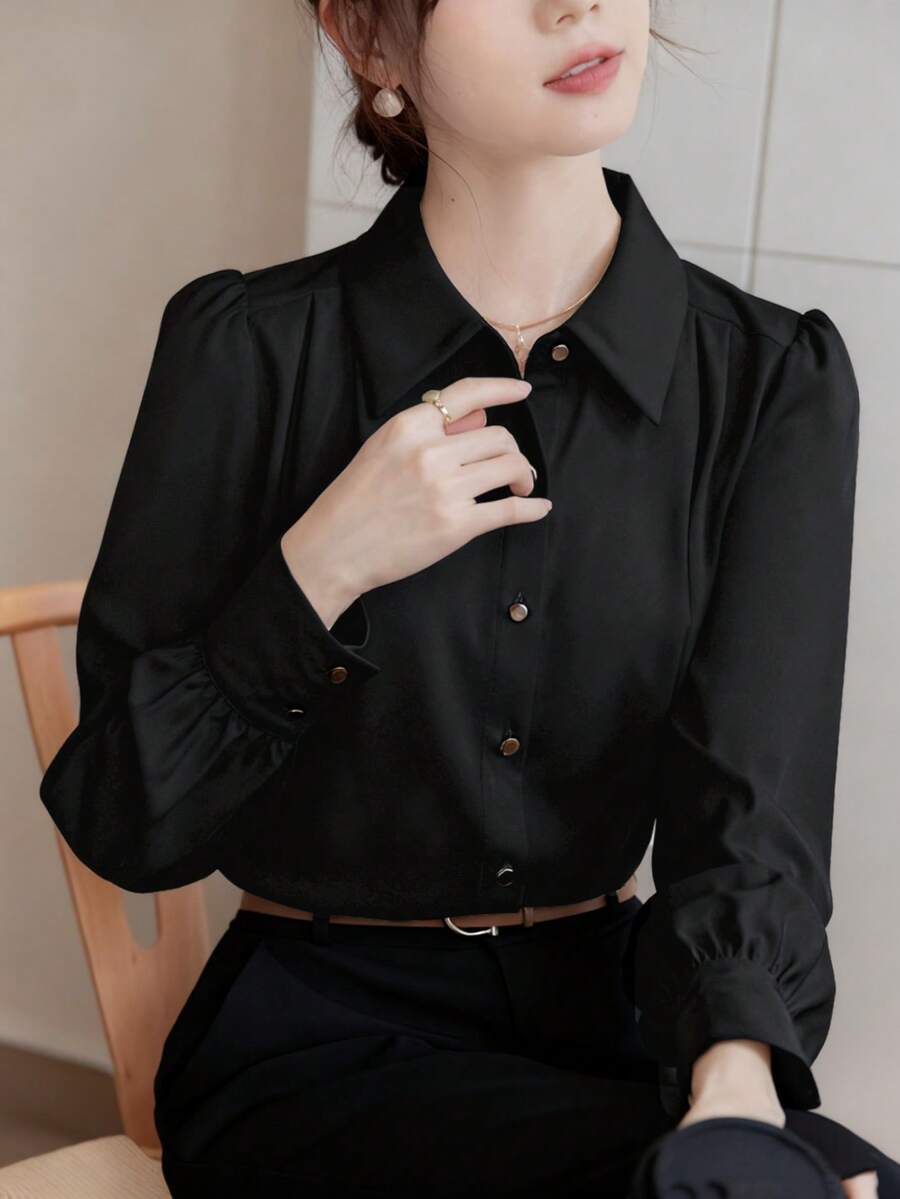 QIANZHIDU 白色纯色女式衬衫，长袖上衣，办公制服，工作服，简约穿搭，早午餐装，音乐节穿搭，商务会议，婚礼，秋季，返校季，优雅，极简，西式，外套，教师装，商务休闲，女式衬衫，职业装，优雅女式衬衫，春季穿搭，派对衬衫，休闲女式衬衫，女式衬衫 - 黑色 - 查看 1