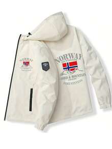 Men Flag Pattern Long Sleeve Zip Front Casual Hooded Jacket, Fall