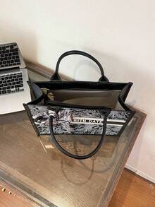 1pc (11in*7.9in*3.9in) Fashionable Women's Handbag, Large Capacity, Square Shape, Lightweight, Elegant Scarf Decor, Scratch & Abrasion Resistant Material, Suitable For Shopping, Dating, Gatherings, Commuting, Letter Pattern, Elegant Minimalist Casual Gray & Pink Ladies Tote Bag - Black - View 9