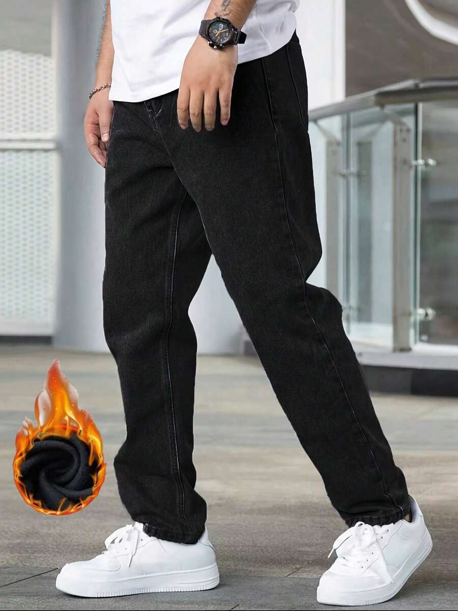 Men's Casual Slim Fit Skinny Jeans - Thermal Lined, Winter/Global/All Fits - Black - View 1