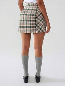 Women's Fashion Faux Wool Mini Skirt High Waisted Y2K  Side Slit Tweed Plaid Skirts 2025 Fall Winter Outfits - màu xanh lá - Xem 3