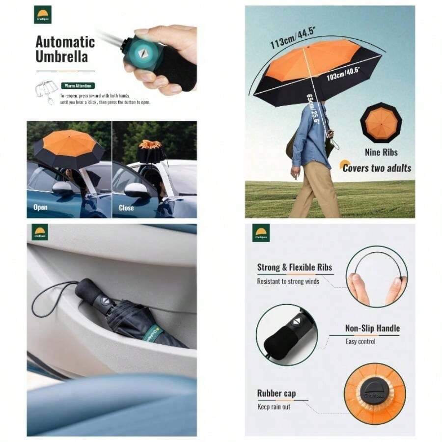- Paraguas compacto de viaje resistente al viento, paraguas automtico porttil para lluvia, paraguas plegable para hombres y mujeres, dosel de doble ventilacin 210T con revestimiento de - dosel doble naranja - Ver 1