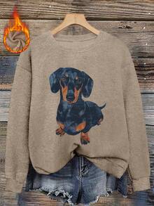 Women's Casual Warm Faux Wool Sweater, Puppy Print, Merry Christmas, Chinese New Year, Valentine's Day, Back To School Clothes, School Outfit Ideas, Back To School Essentials, First Day Of School Outfit, Back To School Outfits 2026 - Camel - View 2