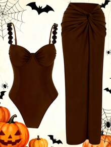 Women's Summer Luxurious Solid Color One-Piece Swimsuit - Sexy Backless Fashionable Elegant Vacation Beach Party Swimwear, Elegant Beachwear Perfect For Spring And Summer, Women's Holiday Outfits, Beach Vacation, Festivals, Parties, Beach Activities And Daily Casual Wear - Khaki - View 6