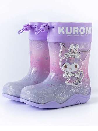  Sanrio Kuromi & My Melody Crystal Rain Boots, Cute Cartoon Waterproof Anti-Slip Mid-Calf Rain Boots