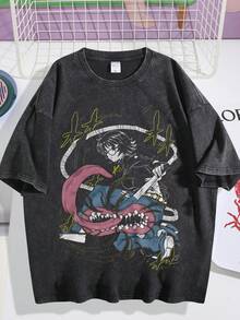 Washed T-Shirt Men Women Unisex Dark Anime Tentacle Monster Graphic Oversized Short Sleeve Tee - 黑色03 - 查看 1