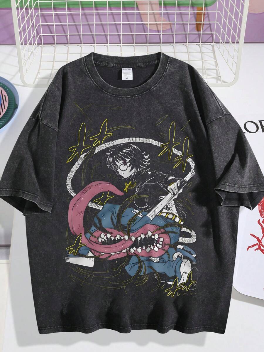 Washed T-Shirt Men Women Unisex Dark Anime Tentacle Monster Graphic Oversized Short Sleeve Tee - 黑色03 - 查看 1