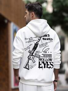 K-GLORY 男士连帽衫，秋冬新品，个性化街头武器和标语印花袋鼠口袋套头卫衣 - 白色 - 查看 3