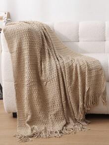 1pc Solid Color Knitted Blanket, Nordic Style Tasseled Design Soft Throw Blanket, Suitable For Office Nap, Bed, Sofa, Daily Use - Khaki Shell Scarf - View 2