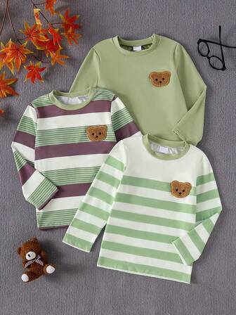 Set de 3 camisetas de manga larga de punto con diseño de oso 3D + a rayas + unicolor para niños, para uso casual en exteriores en otoño/invierno