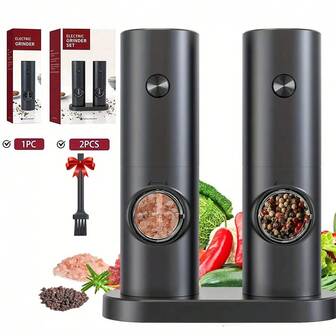 1 件/2 件电动盐和胡椒研磨器套装，电池供电（不含电池），自动胡椒研磨器，单手操作研磨器，可调节粗细度，电子香料研磨器，带存储底座和 LED 灯