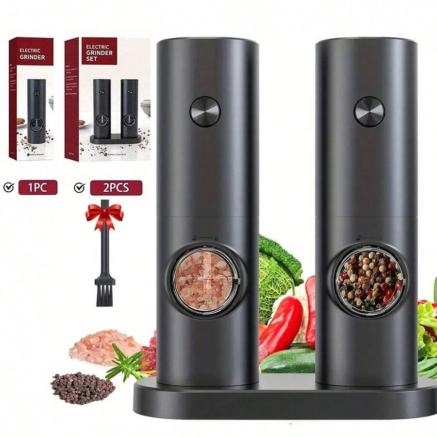 1 buah/2 buah Set Penggiling Garam dan Merica Elektrik, Bertenaga Baterai (Baterai Tidak Termasuk), Penggiling Merica Otomatis, Pengoperasian Satu Tangan, Tingkat Kekasaran Dapat Diatur, Dengan Alas Penyimpanan dan Lampu LED, Penggiling Rempah Elektronik - MultiWarna - View 1