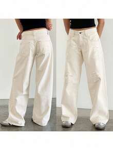 Jeans rectos y casuales de mujer de color blanco, hechos de tela con estampado de estrella desgastada y sin estiramiento, adecuados para uso diario