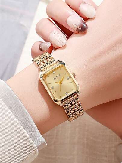 1 pezzo Orologio al quarzo da donna alla moda, quadrante minimale quadrato, di alta qualità placcato in oro, cinturino in acciaio inossidabile, adatto come regalo per compleanni, anniversari, Ognissanti e altre occasioni festive