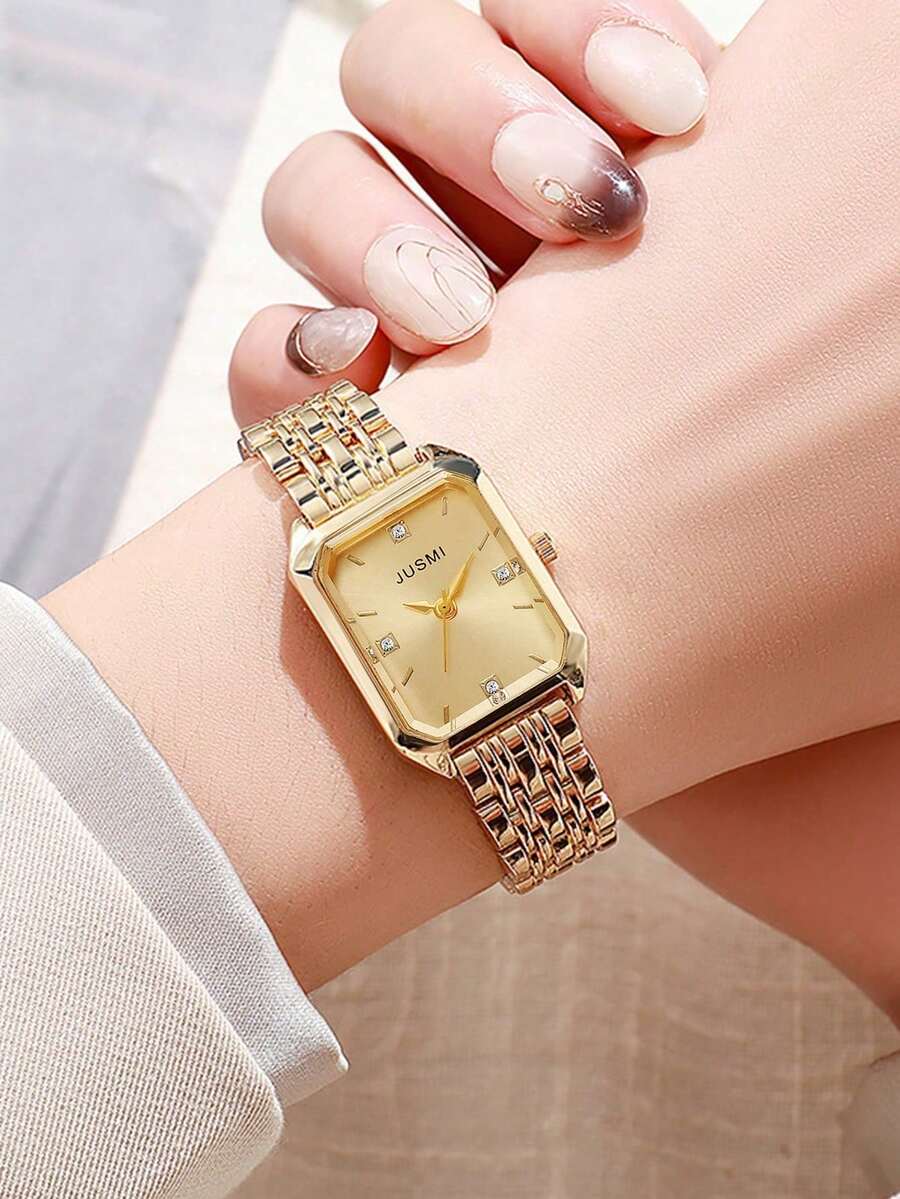 1 件女士时尚方形石英表，简约刻度，高品质镀金商务不锈钢表带石英表，适合生日、周年纪念、万圣节、礼物 - 金色 - 查看 1