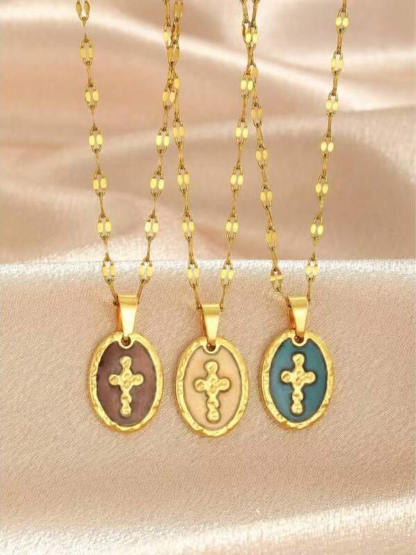 1 pieza Collar con colgante de cruz de estilo minimalista europeo y americano, estilo punk unisex, regalo para Halloween, Navidad, Beige/Amarillo/Marrón