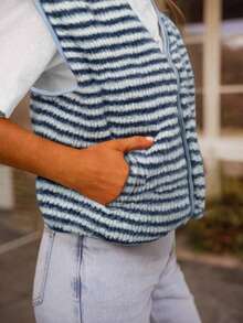 时尚优雅的条纹毛绒夹克，秋季 - 藍色 - 查看 2