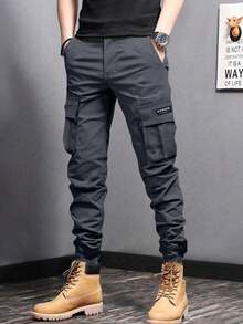 2pcs Boys & Teens Casual Sports Outdoor Pocket English Graphic Cargo Pants, Spring & Autumn