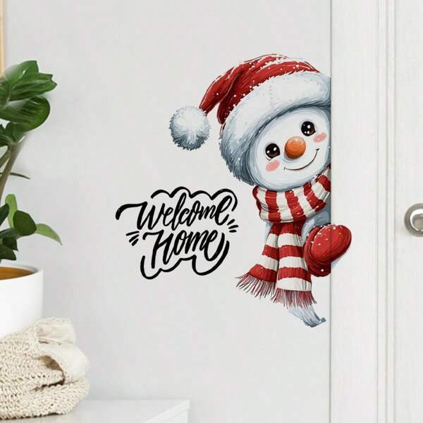 Adesivos de parede de boneco de neve de Natal, estampa festiva de Natal autoadesiva com texto "Bem-vindo ao lar", adequados para decoração de quarto, sala de estar e escritório, adesivos engraçados para decoração de casa, decoração de feriados, decoração festiva, estilo contemporâneo