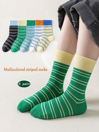 5 双儿童条纹中筒袜（3-12 岁），柔软简约的设计，适合男孩和女孩，适合日常和户外穿着，四季皆宜