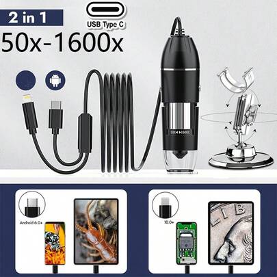 USB Digital Microscope, 50x-1600x Magnification Handheld, 1440P HD 8 LED Lights, Portable Pocket Microscope, Compatible With IOS And Android Devices, 2MP Magnifier Microscopes Camera For Adults, Kids