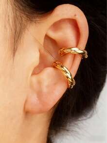 2 件简约亮面合金 C 形耳夹，轻质镀金/镀银/镀枪黑色开口双圈无穿孔耳环，舒适顺滑，适合女士和女孩佩戴 - 粗扭紋耳夾 - 查看 4