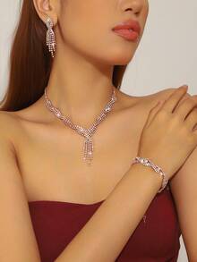 Bộ trang sức cưới 5 món: Dây chuyền vàng hồng lấp lánh đính đá Cubic Zirconia, 1 đôi bông tai, vòng tay + túi đeo vai. Túi xách dự tiệc nhỏ nhắn và thanh lịch dành cho nữ, túi hình vỏ sò cho cô dâu với dây đeo kim loại có thể tháo rời. Thích hợp làm túi đeo vai, túi xách tay, dùng cho đám cưới, tiệc tùng và các sự kiện. - Hoa hồng vàng - Xem 2