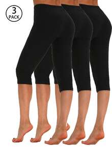 3条装女士弹力修身七分裤，柔软舒适纯棉休闲健身运动跑步户外瑜伽裤，适合日常穿着，舒适保暖 - 黑色 - 查看 11