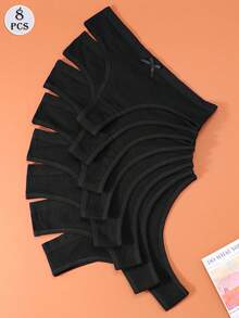 8Pcs/Set Women's Cotton Low-Rise Panties Thongs Underwear Comfortable Breathable Female Lingerie Bow - 黑色 - 查看 3