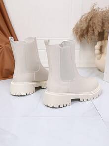 1 Paio di Stivaletti Chelsea in PU bianchi e morbidi, comodi, per ragazze adolescenti, punta tonda con suola spessa 4,5 cm, design elasticizzato, slip-on, stivaletti alla caviglia alla moda, adatti per casual, vacanze, feste, autunno/inverno - Bianco - Visualizzare 3