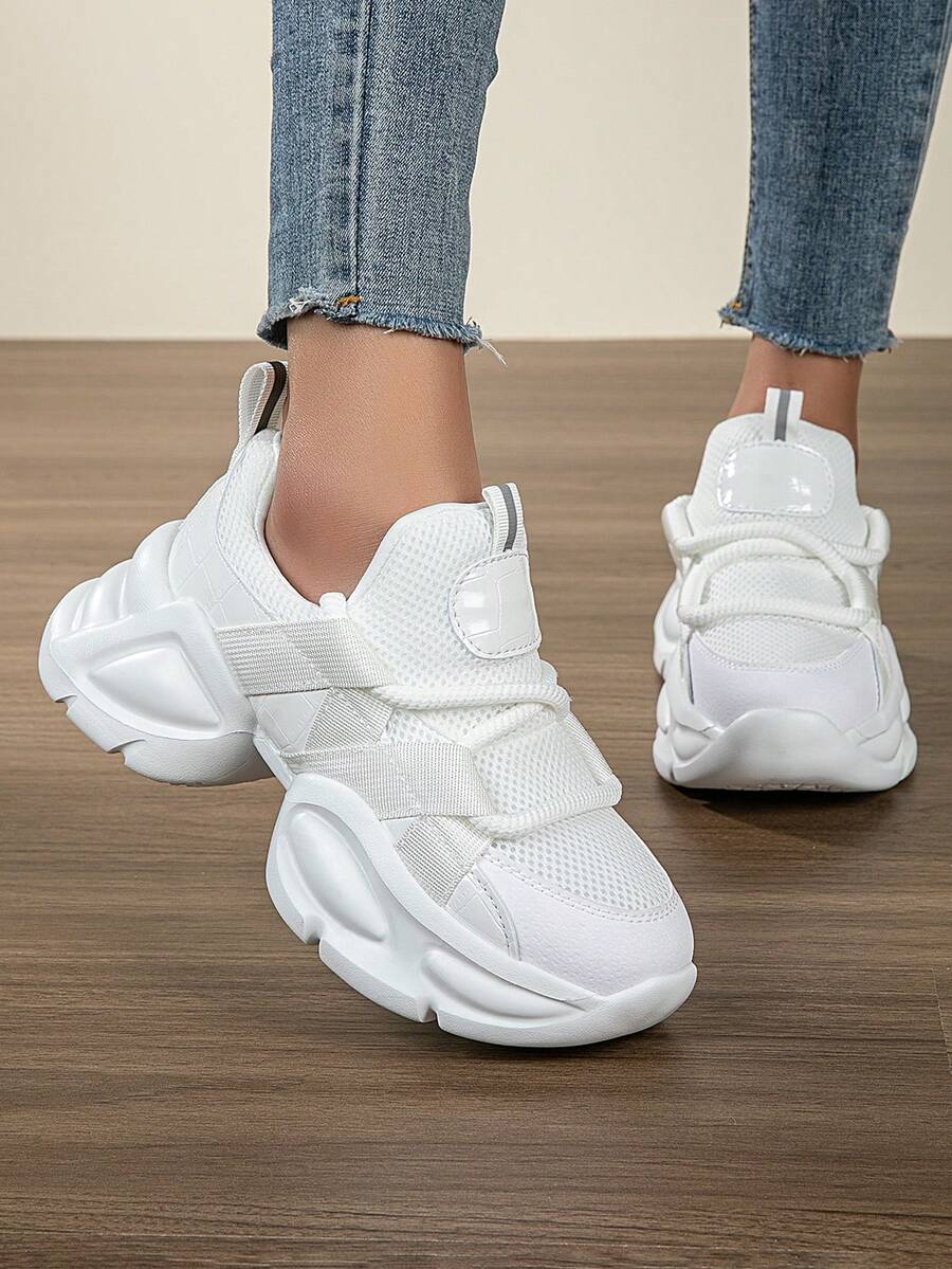 女士厚底厚底运动鞋，2025年新款时尚户外运动休闲鞋，适合跑步、健身、跳舞、派对、街头、校园 - 白色 - 查看 1