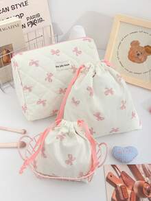 1Pc/Set Cute Pink Bow Pattern Makeup Bag Set With Zipper Portable Handheld Travel Toiletry Bag Soft Foam Quilted Handbag Floral Cosmetic Bag Portable Drawstring Bag Aesthetic Toiletry Travel Organizer Bag For Women And Girls Large Capacity Travel Vintage Makeup Bag Cute School Pencil Case Inner Bag Nail Polish Storage Bag - Multicolor - View 4