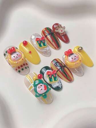 Ins Christmas Limited Edition Nail Art 10 Pcs Of Medium-Long Almond-Shaped False Nails, Cute Three-Dimensional Christmas Tree, Gifts, Hand-Painted Plaid With Ribbon False Nail Stickers, Cute Cartoon Christmas Tree Sweet White Yellow Nails, Girly Heart Nail Art False Nail Stickers, Red Nails, Press Nails, Cute White Autumn And Winter Atmosphere Press False Nails, Detachable And Reusable, Including 1 Piece Of Jelly Glue + 1 Nail File