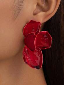 1 Pair Vintage Geometric Textured Asymmetric Flower & Leaf Design Earrings, Fashion Jewelry Gift For Women Valentines,Mom,Mother,Mother's Day,Gift - Đỏ - Xem 1