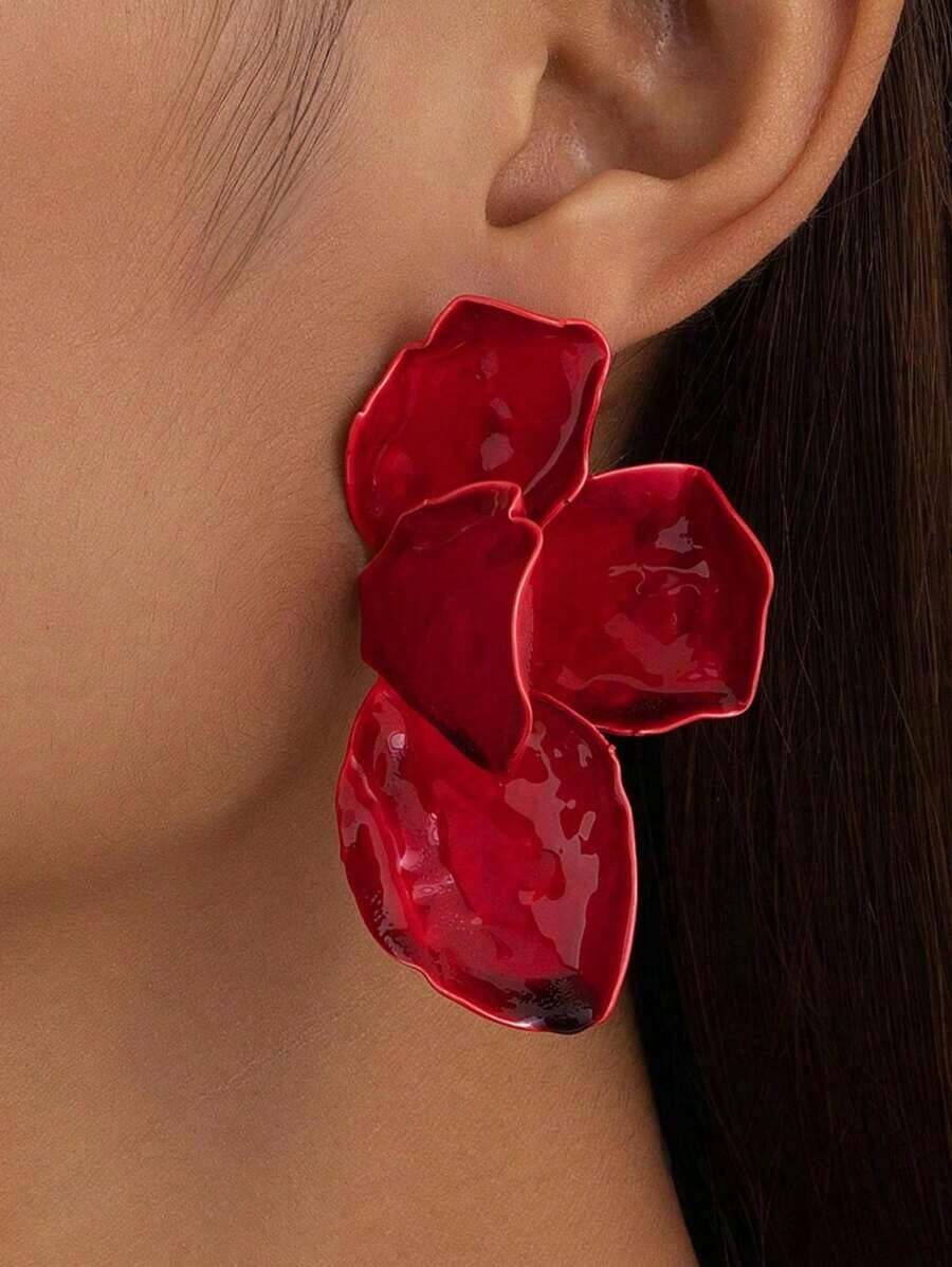 1 Pair Vintage Geometric Textured Asymmetric Flower & Leaf Design Earrings, Fashion Jewelry Gift For Women Valentines,Mom,Mother,Mother's Day,Gift - Đỏ - Xem 1
