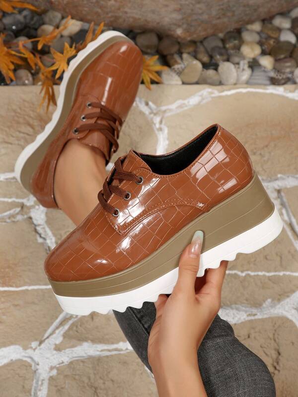 Women's Wedge Shoes, Square Toe Crocodile Embossed Pattern, Lace-Up, Platform & Thick Sole, Comfortable, Lightweight, Increase Height, Slimming, PU Sole