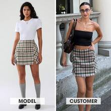 Women's Fashion Faux Wool Mini Skirt High Waisted Y2K  Side Slit Tweed Plaid Skirts 2025 Fall Winter Outfits - màu xanh lá - Xem 4