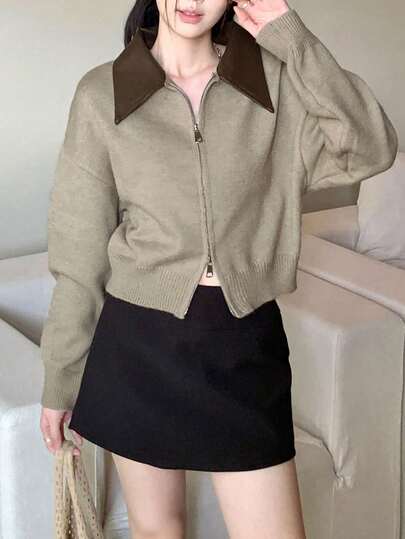 Zipper Design Knitted Cardigan For Women, Versatile Slim-Fit Sweater, Autumn/Winter