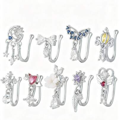 9pcs European & American Style Clip-On Nose Stud & Earring 2-In-1 Micro Paved Adjustable Jewelry, Suitable For Women's Daily Wear And Gifts