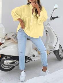 Plus Size Elegant Deep V-Neck Shirt With Button Details - Fashionable Long Sleeve Blouse, Solid Color, Non-Stretchy Fabric, Suitable For All Seasons, Stylish Office Wear | Multifunctional Fashion | Elegant Design Spring - Yellow - View 4