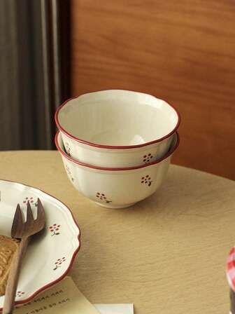 1pc/2pcs Vintage French Floral Ceramic Bowl, Household Rice Bowl, Breakfast Yogurt Oatmeal Bowl, Fruit Salad Bowl, Dessert Ice Cream Bowl, Dipping Sauce Dish, Ketchup Salad Dressing Plate