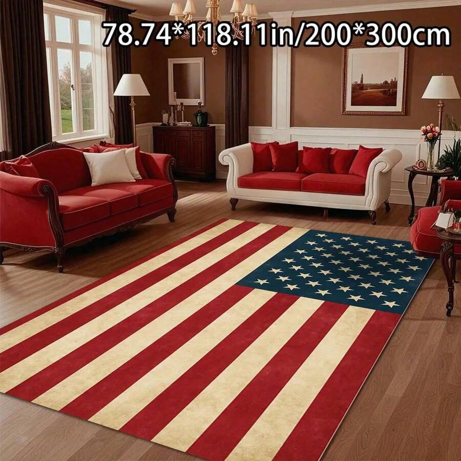 [][Soft Velvet Dot Molded Bottom]1PC Soft Velvet Home Decor American Flag Classic Element Pattern Versatile Decorative Style, Living Room Carpet, Sofa Cushion, Doormat, Bedroom Carpet, Outdoor Carpet, Suitable For Shopping Malls, Cafes, And More - 彩色 - 查看 1