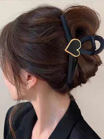 1pc Women's Elegant 5.12 Inch Black Glossy Hair Claw Clip, Large Minimalist Heart-Shaped Hair Clip, Versatile Hair Accessory Fashion Hair Clutch