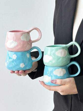 1pc蓝天白云陶瓷杯酸奶杯拿铁杯极简ins风经典款适用于茶牛奶咖啡餐厅餐具花园会客接待四季皆宜