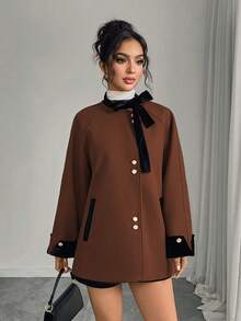 女士优雅约会外套（带蝴蝶结领） - 秋冬系列，情人节理想之选 - 棕色 - 查看 2