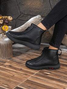 Winter Warm Velvet Women's Boots, Retro Stitching Side Zipper Leather Short Boots, Non-Slip Soft Sole Middle-Aged Mother Comfortable Boots