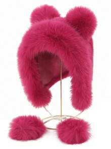 New Ladies Cute Fluffy Tassel Ball Pom Pom Design Bucket Hat With Kitten Ears Lei Feng Hat, Warm Outdoor Casual Cute Hat