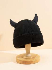 1pc Unisex Horns Cartoon Knitted Hat, Cute And Warm Winter Beanie Street - màu đen - Xem 4