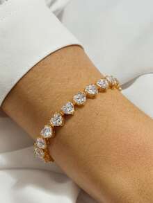 1pc Heart Shaped Cuff Bracelet Studded  Adjustable Luxury Shiny Stones Elegant Valentine's Day Mother's Day Gift - 金色 - 查看 4